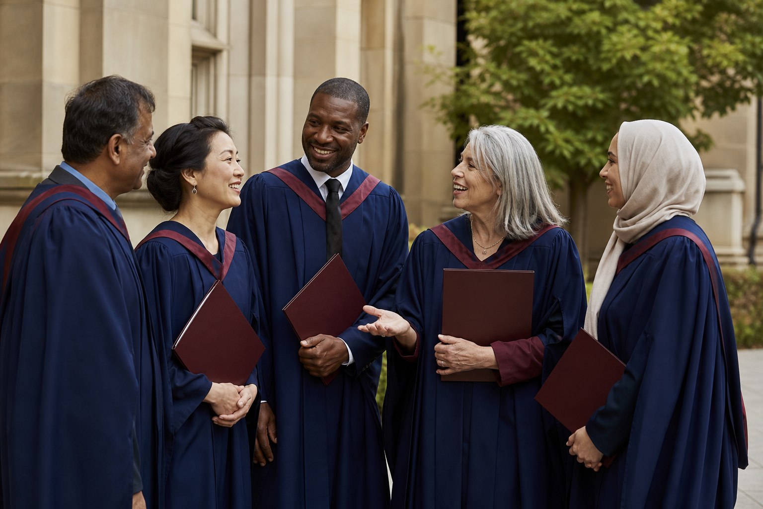 A diverse group of adult graduates speaking together