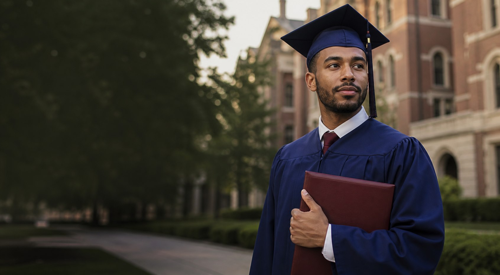 An adult graduate standing on a university campus