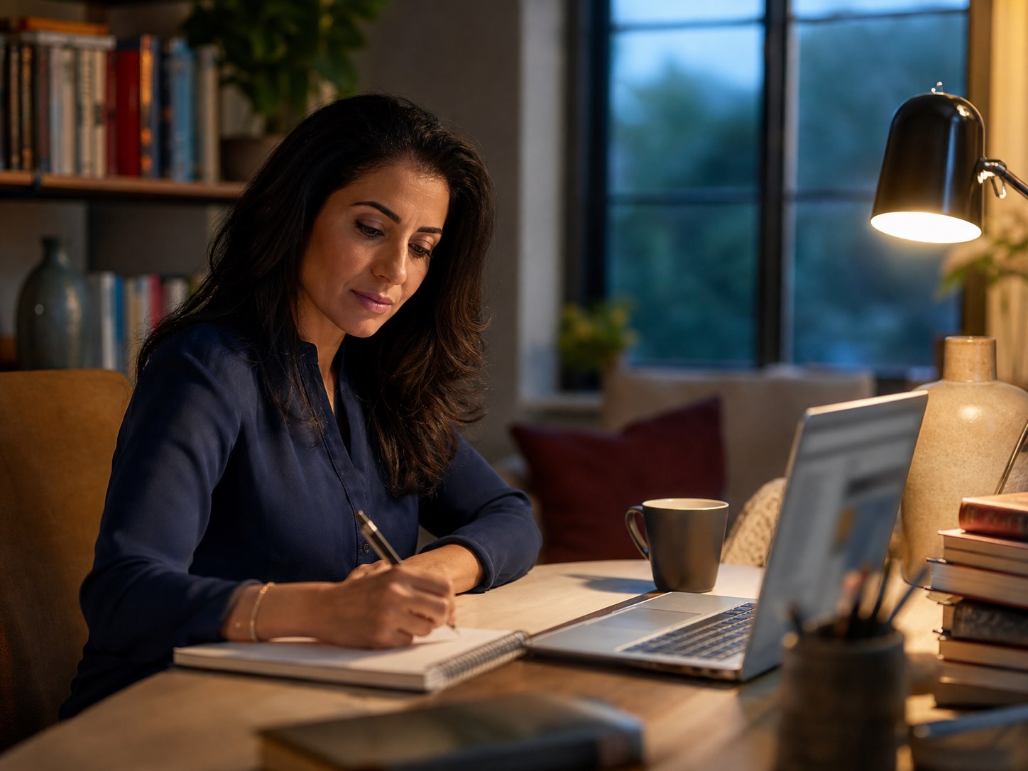 An adult learner studying online from home